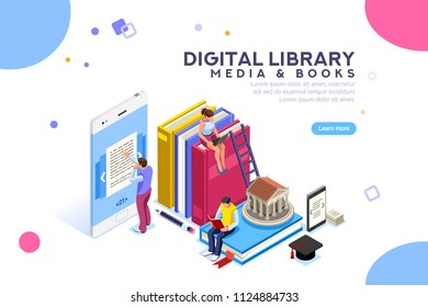 Media book library concept. E-book, reading an ebook to study on e-library at school. E-learning online, archive of books. Flat Isometric characters vector illustration. Landing page for web.