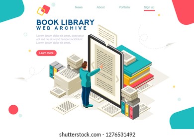 Media Book Library Concept. E-book, Reading An Ebook To Study On E-library At School. E-learning Online, Archive Of Books. Flat Isometric Characters Vector Illustration. Landing Page For Web.