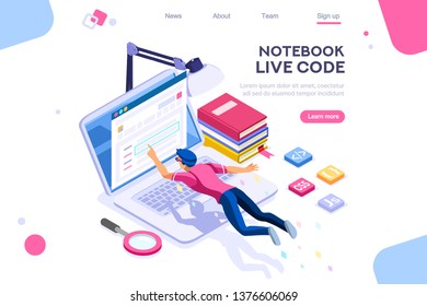 Media book library concept. E-book, reading an ebook to study on e-library at school. E-learning online archive. Flat Isometric characters vector illustration. Landing page for web. Notebook Live Code