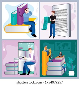 Media book library concept. E-book, reading an ebook to study on e-library at school. E-learning online, archive of books.