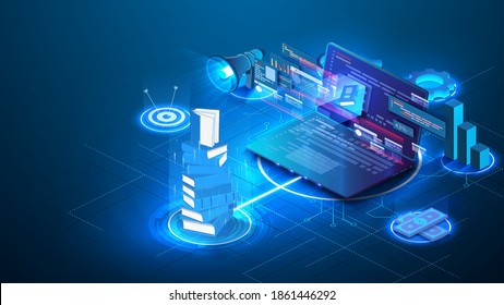 Media Book Library Concept. E-book, Reading An Ebook To Study On E-library At School. Book And Monitor. Online Reading Or Courses. Concept Of E-learning Technology. Vector Illustration