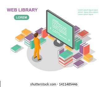 Media book library concept. Reading web archive. E-learning online, archive of books illustration. Flat isometric character with E-book