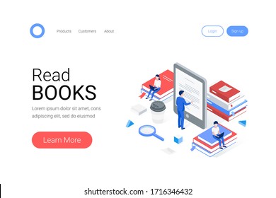 Media book library isometric concept. A man reads text from an e-book. People are sitting on stacks of books. Trendy flat 3d isometric style. Landing page template. Vector illustration.