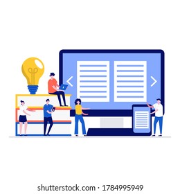 Concepto de ilustración vectorial de biblioteca de libros multimedia con caracteres. Estilo plano moderno para página de inicio, aplicación móvil, afiche, volante, plantilla, banner web, infografías, imágenes de héroes.