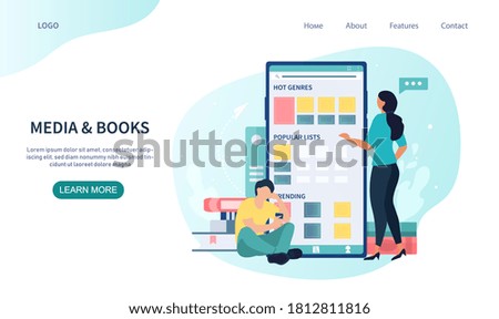 Media and Books web page template showing a library of e-books on a digital app on a mobile phone or tablet with two young people, colored vector illustration