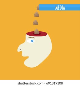 Media brainwashing concept vector illustration.  Fake news forming desired opinion are drawn as shit or poop. Media manipulation, brain wash and censorship satire.