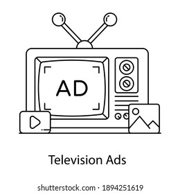 
Media broadcasting device, television ads vector of linear design 