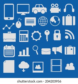 Media, Business, and Communication Icons on Blue Background