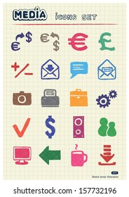 Media and business icons set drawn by color pencils. Hand drawn vector elements pack isolated on paper