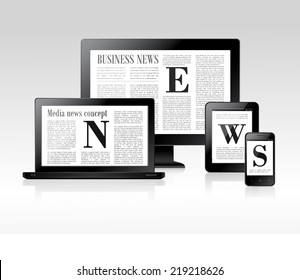 Media business news concept with pc laptop tablet smartphone vector illustration