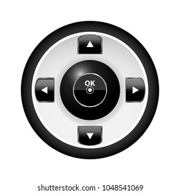 Media button. Black round button, inside the symbol start, stop, arrows up, down, left, right. Vector 3d illustration.