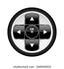 Media button. Black round button, inside the symbol start, stop, arrows up, down, left, right. Vector 3d illustration.