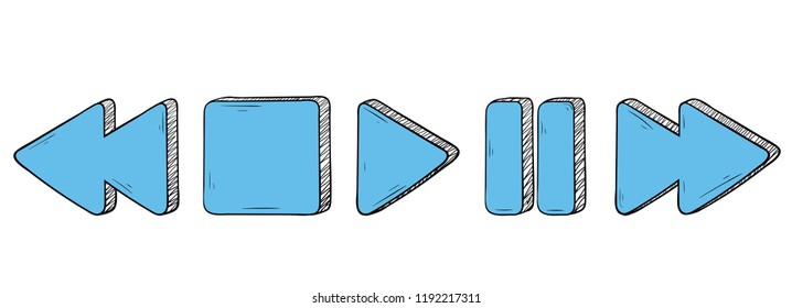 Media buttons. Blue signs. Hand drawn sketch. Vector illustration islated on white background