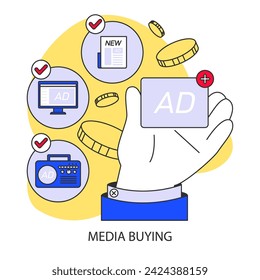 Media buying process concept. Hand selecting the best advertising spaces across various platforms. Strategic placement for optimal ad visibility. Flat vector illustration.