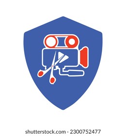 Media camera icon video camera with sensor vector movie camera illustration. inside shape of shield.
