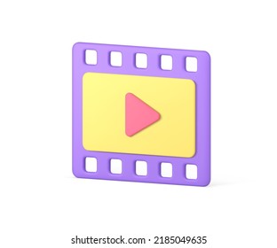 Media channel video content filmstrip purple application isometric badge realistic 3d icon vector illustration. Multimedia cinematography broadcasting art frame play button film industrial production