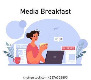 Medios de comunicación. Caracteres que consumen el contenido en los medios masivos. Periódicos, internet y periodismo radiofónico. Medios sociales y publicidad digital. Ilustración vectorial plana