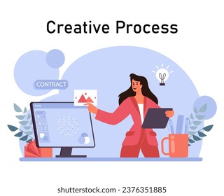 Media. Character producing content in mass media. Data visualization for social media marketing and promotion campaign. Creative process of illustrator. Flat vector illustration