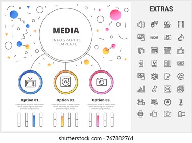 Media circle infographic template, elements and icons. Infograph includes customizable bar charts, graphs, line icon set with social media, user profile, broadcast media, record, telecommunication etc