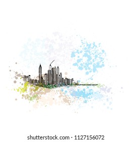 Media City and beach coast with luxury yachts and sand beaches at United Arab Emirates. Watercolor sketch of monorail ride view from window at The Palm Jumeirah skyscrapers at Dubai Marina. Vector.