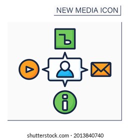Icono de color del medio. Interacción con todo el contenido. Video, audio, información. Comunicación, charlando con amigos. Espacio multimedia. Nuevo concepto de medios. Ilustración vectorial aislada