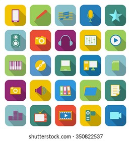 Media color icons with long shadow on white background