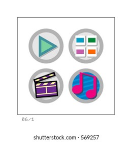 MEDIA: Colored Icon Set 06 - Version 1. Four colored icons in a circle shaped buttons. Icons are grouped and named. Please check the complete set and other versions.