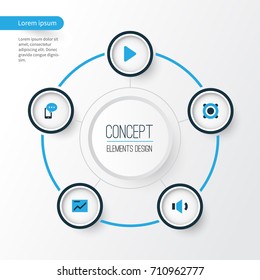 Media Colorful Icons Set. Collection Of Begin, Chart, Amplifier And Other Elements. Also Includes Symbols Such As Down, Cellphone, Amplifier.