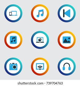 Media Colorful Icons Set. Collection Of Start, Picture, Devices And Other Elements. Also Includes Symbols Such As Rewind, Display, Devices.