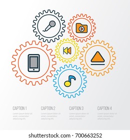Media Colorful Outline Icons Set. Collection Of Microphone, Top, Media Folder And Other Elements. Also Includes Symbols Such As Microphone, Dossier, Button.