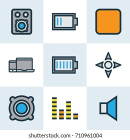 Media Colorful Outline Icons Set. Collection Of Devices, Amplifier, Pause And Other Elements. Also Includes Symbols Such As Speaker, Equalizer, Charge.