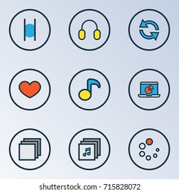 Media Colorful Outline Icons Set. Collection Of Waiting, Earmuff, Music And Other Elements. Also Includes Symbols Such As Stop, Headset, Laptop.