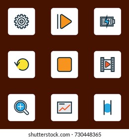 Media Colorful Outline Icons Set. Collection Of Gear, Energy, Zoom In And Other Elements. Also Includes Symbols Such As Replay, Presentation, Chart.