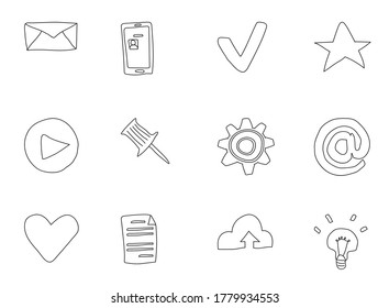 garabatos de medios y comunicación aislados en blanco. conjunto de iconos de medios sociales para diseño web, interfaz de usuario, aplicaciones móviles e impresión