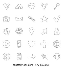 media and communication hand drawn linear vector icons isolated on white background. media doodle icon set for web and ui design, mobile apps and print products