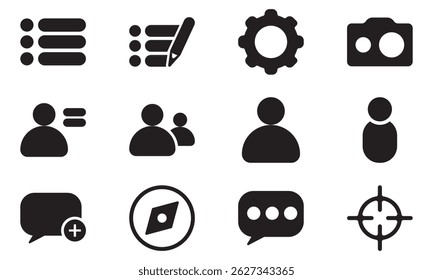 Conjunto de iconos de medios y comunicación. Símbolos de comunicación, Configuraciones y navegación.