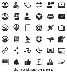 Media And Communication Icons. Black Scribble Design. Vector Illustration.