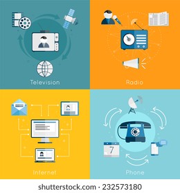 Media communication icons flat set of internet radio television phone isolated vector illustration