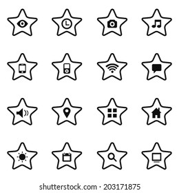 Media and communication icons and star button 16 in 1