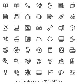 Media and communication line icons set. linear style symbols collection, outline signs pack. Media related vector graphics. Set includes icons as contact book, phone call, wifi signal, global network 