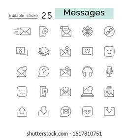 Media and communication message related Line outline vector icons. Includes such as Phone Calls, Video Chat, On-line Support and other. Editable Strok