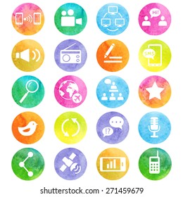 Media and communication watercolor icons. Web icons set 2. Vector