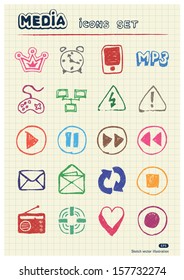 Media and communication web icons set drawn by color pencils. Hand drawn vector elements pack isolated on paper