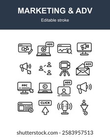 Media and communications, media industry, app, web platforms, digital marketing and advertisement icon set. Promotion and communication outlined icon set collection. Vector illustration