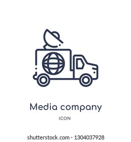 media company truck with satellite icon from transport outline collection. Thin line media company truck with satellite icon isolated on white background.