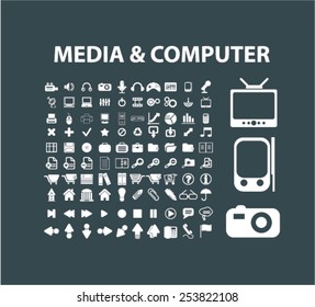 media, computer, camera isolated flat icons, signs, symbols illustrations, images, silhouettes on background, vector