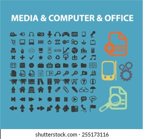 medios, ordenador, oficina, configuración, interfaz de diseño aislado plano iconos, símbolos, ilustraciones en segundo plano para web y aplicaciones, vector