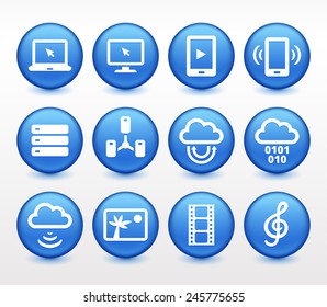 Media and  Computer Technology on Blue Round Buttons