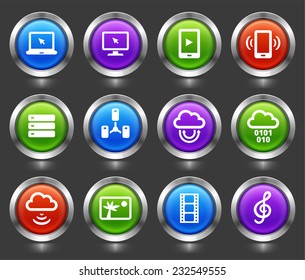 Media and  Computer Technology on Color Round Buttons