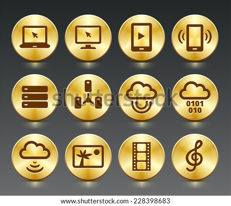 Media and  Computer Technology on Gold Round Buttons